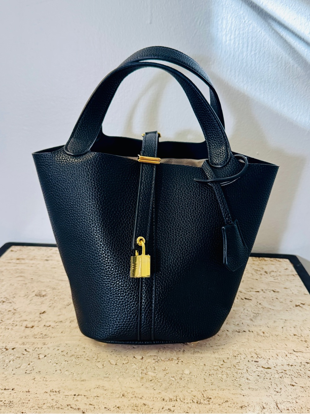 Picotin Style Genuine Leather Bucket Bag